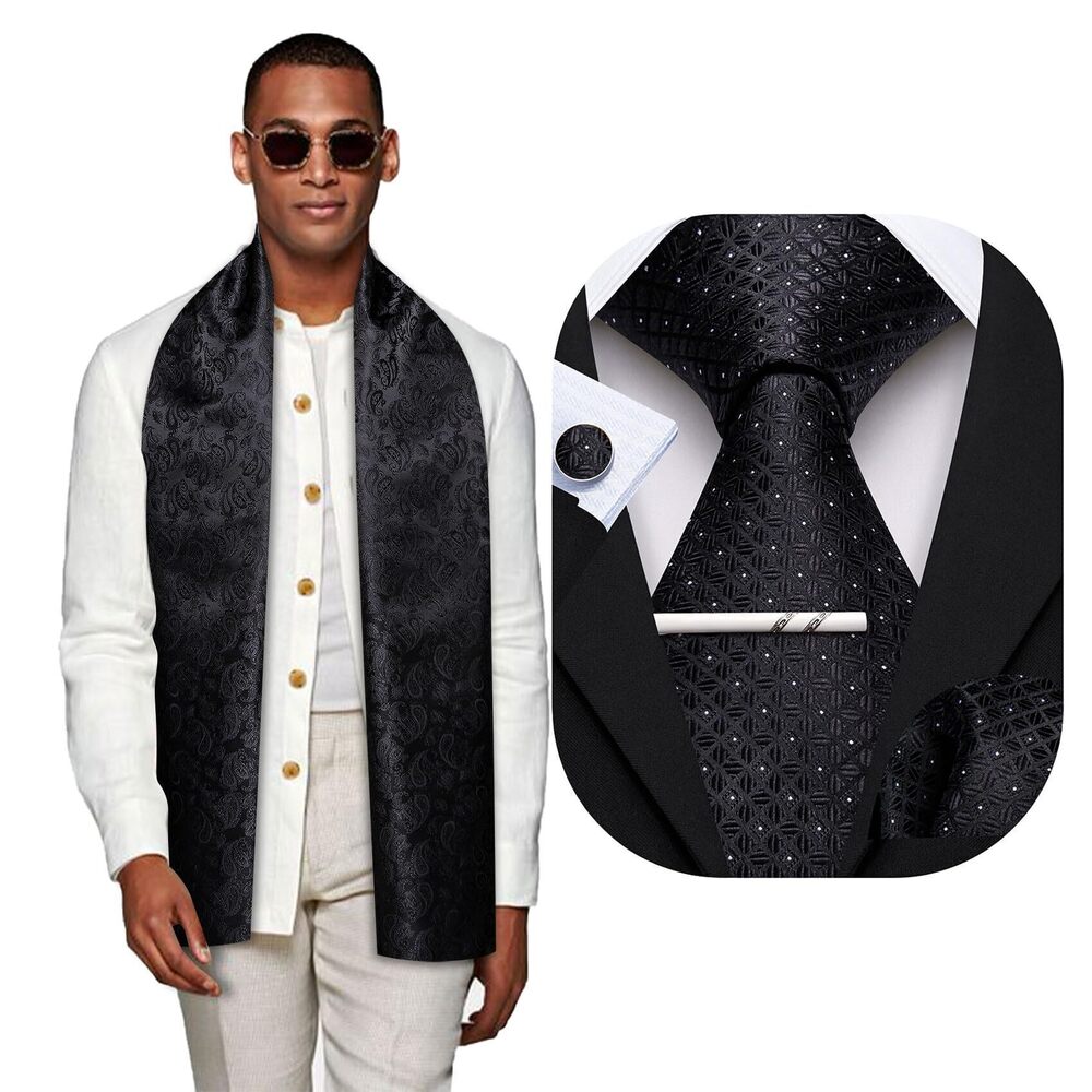 2688 Black Scarf and Tie with Tie Clip Plaid Silk Necktie Pocket Square